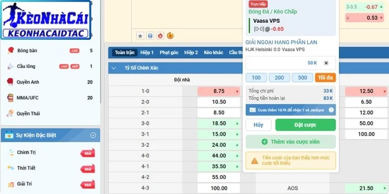 Tính lợi nhuận cược Handicap